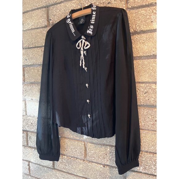 Goth-Inspired Black Button-Up Blouse W/ Embroidered Collar Plague Doctor Buttons - Picture 2 of 9